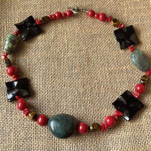Tibetan turquoise, coral, eye cat and onyx necklace